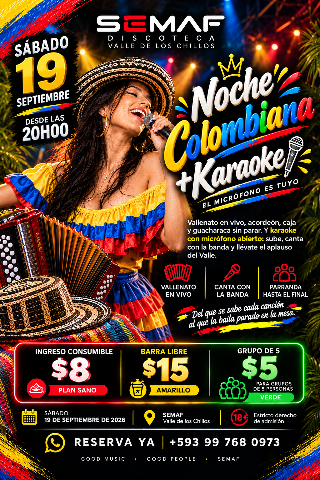 Flyer de Noche Colombiana + Karaoke